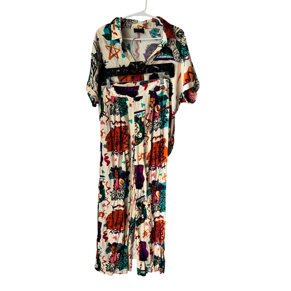 Milk & Honey Abstract Doodle Print 2 Piece Set Shirt & Pants Cream Multi Sz M/S